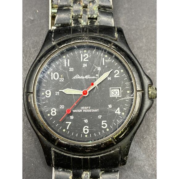 Vintage Eddie Bauer Mens Metal Sports Date Watch Black Dial 5ATM WR #53202 - Picture 1 of 9